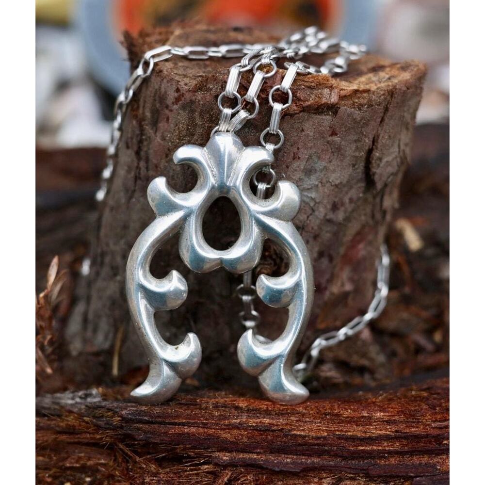 Signed Navajo Sterling Silver Sandcast Naja Necklace,